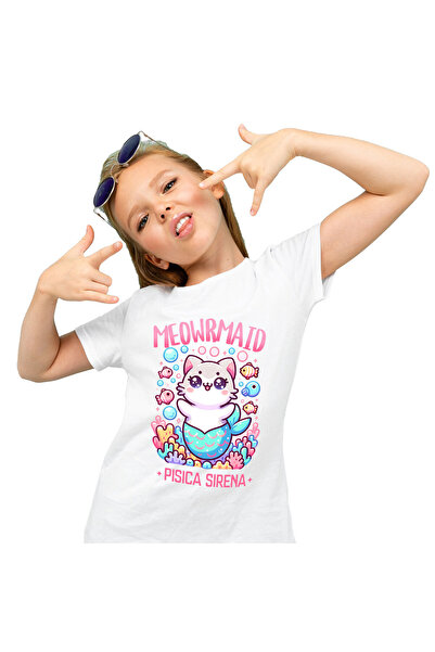 StoryGift Romania Tricou Copii cu Sirena Vesela Pisica Cu Coada Albastra Pest...