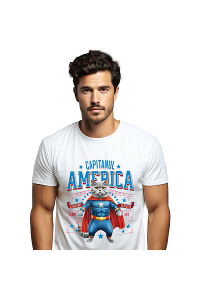StoryGift Romania Men's T-Shirt with Siamese Cat in Captain America Costume with Capes,White_XS