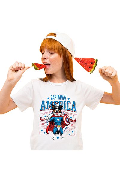 StoryGift Romania Tricou Copii cu Border Collie Caine In Costum de Capitan America cu Pelerina, Er,White_6ANI