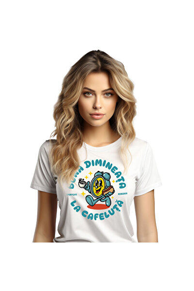 StoryGift Romania Tricou Femei cu Ceas Mecanic Cu Cafea Si Hot-Dog Buna Dimineata La Cafeluta cu i,White_XL