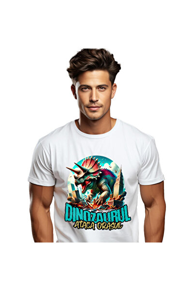 StoryGift Romania Tricou Barbati cu Dinozaur Fioros Distruge Oras 3D, Copii, ...