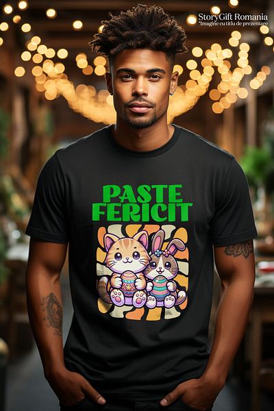 StoryGift Romania Men's T-Shirt with Orange Cat and Rabbit with Colored Eggs Easter Holidays C,Black_XS