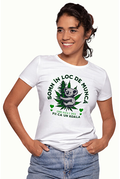 StoryGift Romania Tricou Femei somn in loc de munca cand viata e grea fii urs koala cu imprimeu pe WHT_L