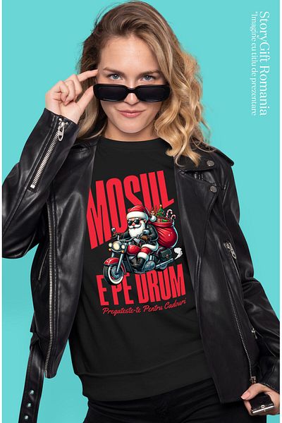 StoryGift Romania Tricou Femei cu Mos Craciun Cool Pe Motocicleta,Cadouri, Iubitorii De Viteza, Sa,Black_XL