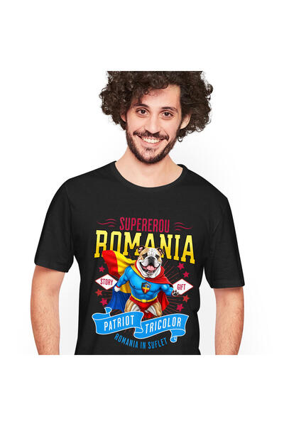 StoryGift Romania Men's T-Shirt with Bulldog Dog in Captain Romania Costume with Cape, Hero N,Black_M