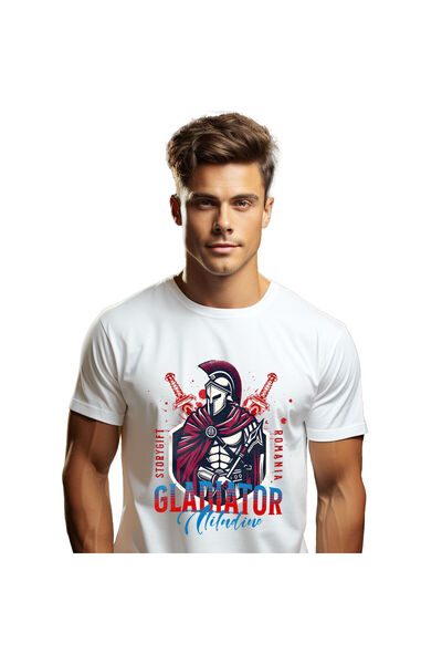 StoryGift Romania Men's T-shirt with Iron Armor Fighter Warrior Style Knight Print, White_XS