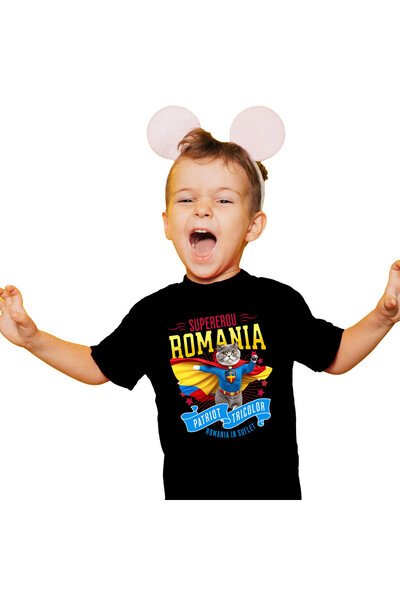 StoryGift Romania Children's T-shirt with Scottish Fold Cat in Captain Romania Costume with Cape, E,Black_10ANI