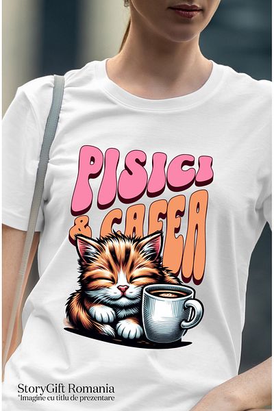 StoryGift Romania Tricou Femei Pisici & Cafea motan dormind ceasca de cafea cu imprimeu pe Fata, 1 WHT_XS