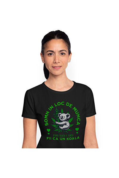 StoryGift Romania Tricou Femei cu Urs Koala Vesel Imbratisare Frunze Verzi Somn Munca Relaxare cu ,Black_XS