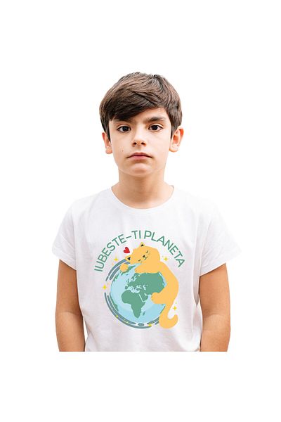 StoryGift Romania Tricou Copii cu Pisica Galbena Imbratisare Planeta Pamant, Animal Blanos cu impr,White_10ANI