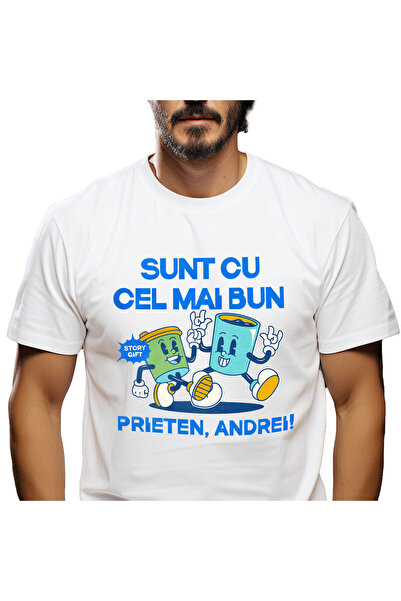 StoryGift Romania Men's T-Shirt with Coffee Cup and Water Glass Best Friends, Fun, White_XS