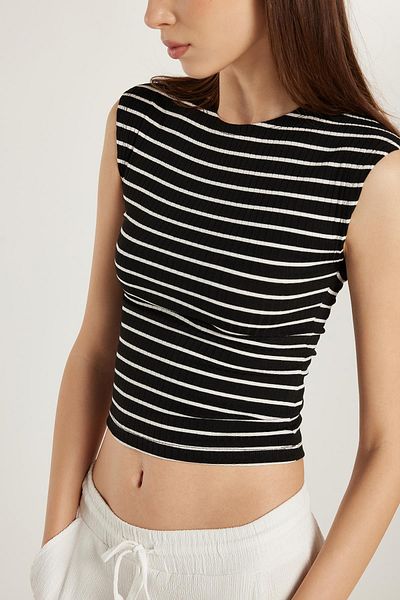 Tudors Tricou negru cu dungi pentru damă, slim fit, cu decolteu rotund