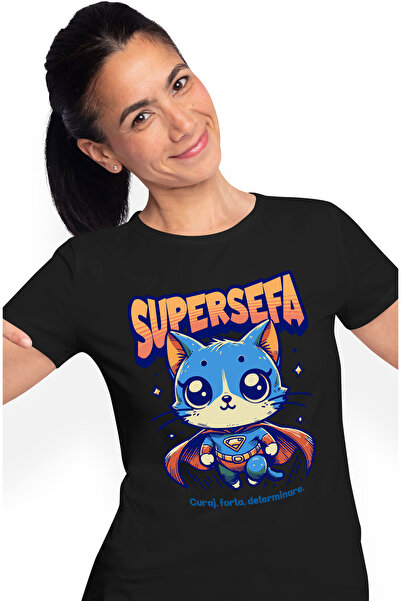 StoryGift Romania Tricou Femei Super Sefa, SuperErou, Pisica Zburand, cu impr...