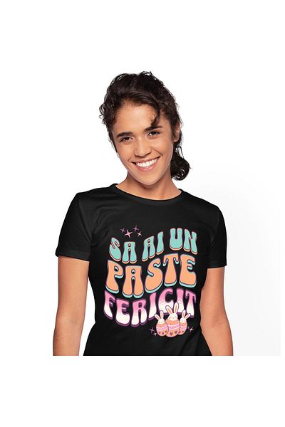 StoryGift Romania Tricou Femei cu Oua Colorate Cu Iepuri Albi, design Multicolor, Paste, Sarbatori,Black_XS