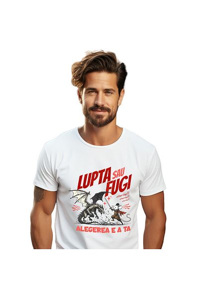 StoryGift Romania Tricou Barbati cu Soricel alb Lupta Contra Dragon Basme si Legenta, Razboinici, ,White_XS