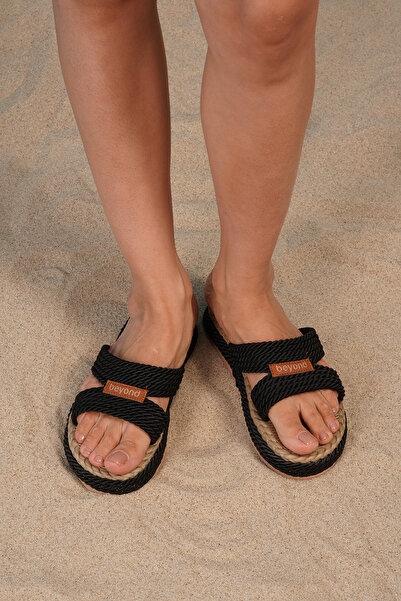 Beyond Women's Black Rope Drawstring Double Banded Straw Slippers 3.5cm Bynddyr01