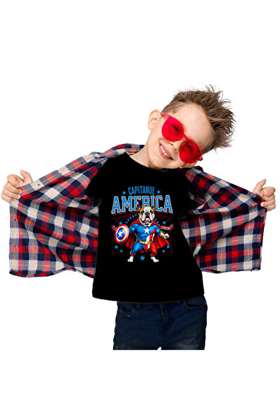 StoryGift Romania Children's T-shirt with Bulldog Dog in Captain America Costume with Cape, Hero of the Night, Black_6 YEARS