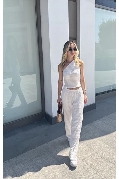 hazelin Bluză de damă din țesătură Seersucker albă cu un singur umăr HZL25S-ZK13271