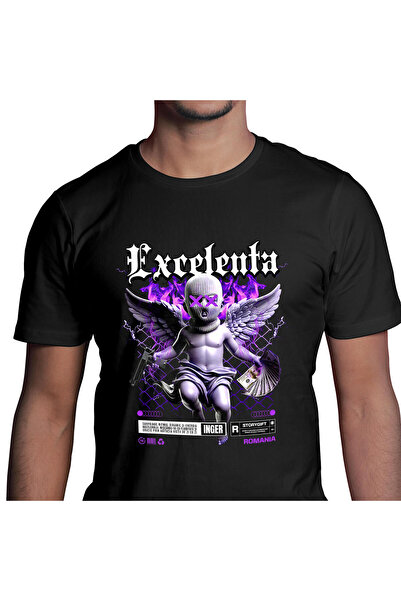 StoryGift Romania Tricou Barbati cu Copil Cu Aripi Cagula Pe Cap, Arma Bani Bancnote, Motivational,Black_L