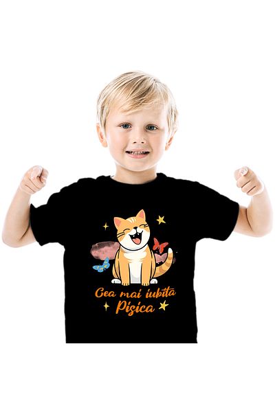 StoryGift Romania Kids T-Shirt with Cheerful Orange Cat with Furry Animal Smile, Lovers of M,Black_4ANI
