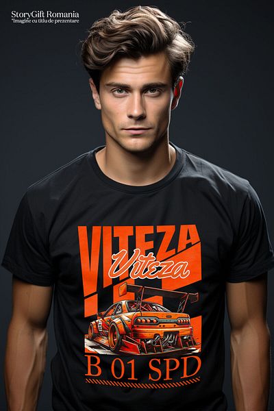 StoryGift Romania Tricou Barbati cu Masina Portocalie De Curse Numar 32 Viteza Pasionat De Curse I,Black_XS