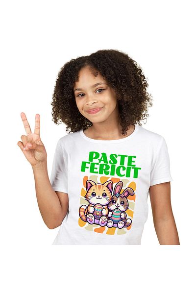 StoryGift Romania Children's T-shirt with Orange Cat and Rabbit with Colored Eggs Easter Holidays Cop,White_10ANI