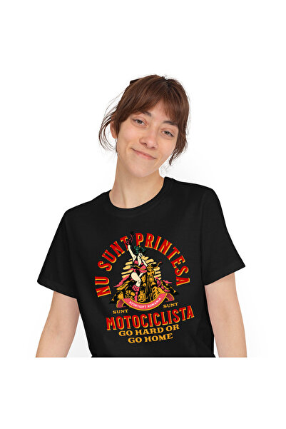 StoryGift Romania Women's T-Shirt with Funny Attractive Woman on Motorcycle F...