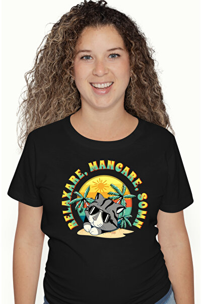 StoryGift Romania Tricou Femei pisica in vacanta, text relaxare mancare somn ...