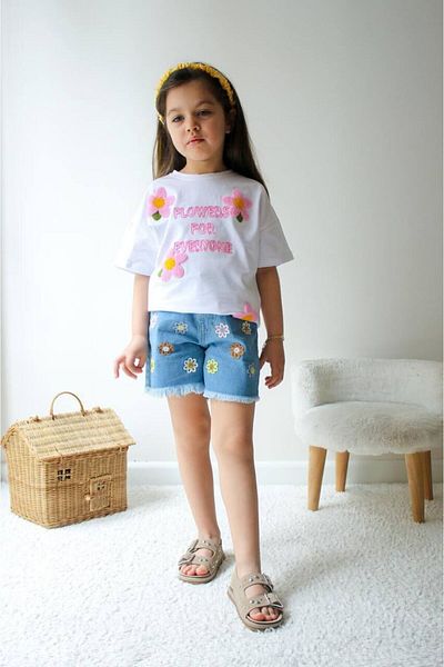 Canlook Girl's Suit with Embroidered Denim Shorts