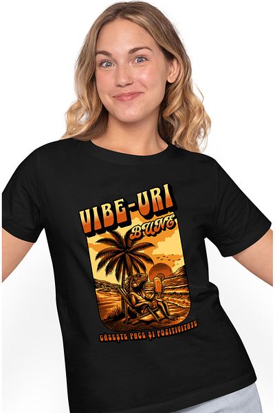 StoryGift Romania Tricou Femei Reptila stand la plaja, vacanta,Vibe-uri bune cu imprimeu pe Fata, BLK_XL