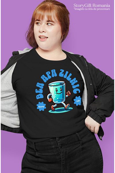 StoryGift Romania Tricou Femei cu Pahar De apa In Mers Zambitor Gata De Aventura Hidratare, Apa Cu,Black_S