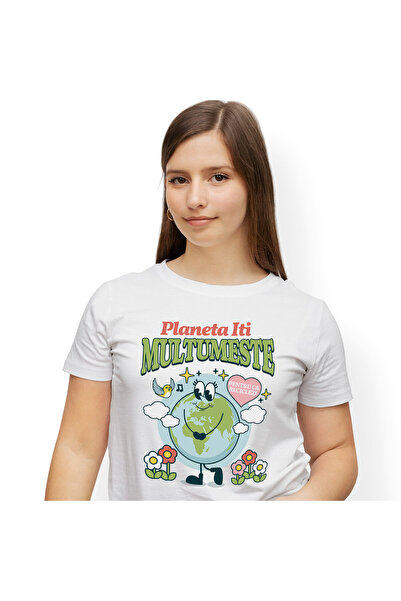 StoryGift Romania Tricou Femei cu Planeta Pamant Vesela cu Gene Lungi Flori C...