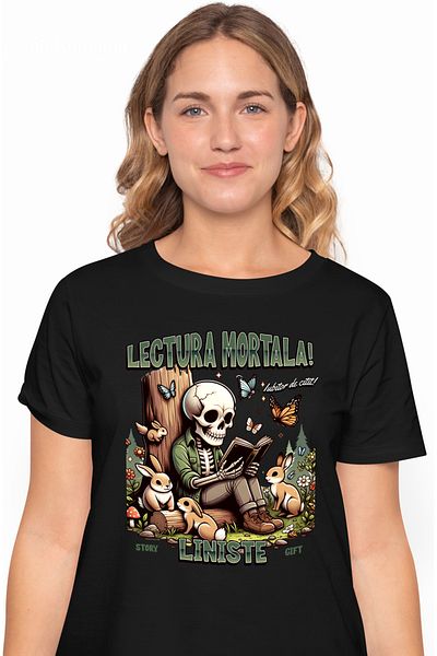 StoryGift Romania Tricou Femei Schelete cititnd lectura mortala iubitor de carti cu imprimeu pe Fa BLK_XS