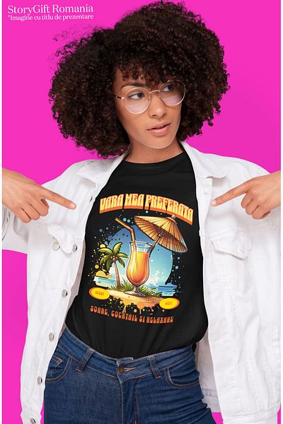 StoryGift Romania Women's T-shirt with Elegant Glass of Fresh Oranges on the Sand Tropical Beach, Cow, Black_S