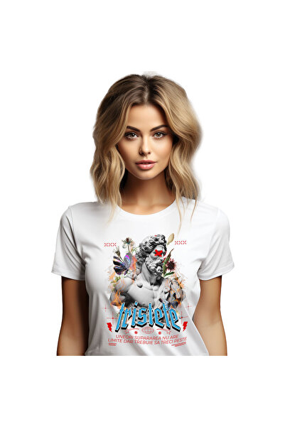 StoryGift Romania Tricou Femei cu Bust Barbat Barba Si Par Lung Ochii Acoperi...