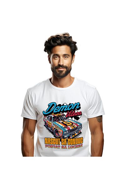 StoryGift Romania Tricou Barbati cu Masina De Curse Colorata Numar 5 Demon Viteza cu imprimeu pe F,White_L