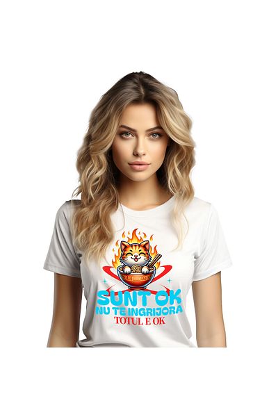 StoryGift Romania Women's T-shirt with Orange Cat in Hot Bowl with Noodles in Flames, White_M