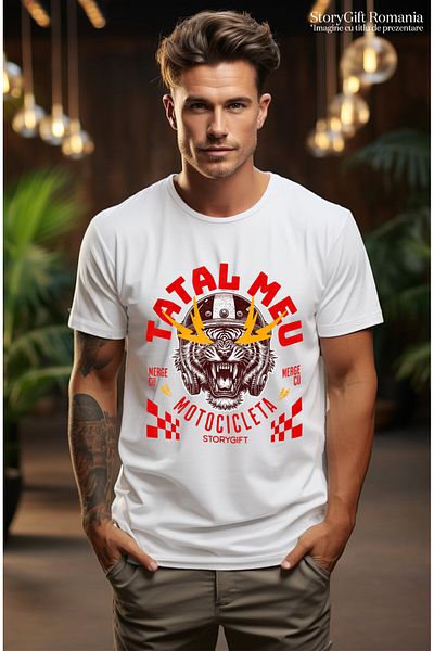 StoryGift Romania Men's T-Shirt with Angry Tiger with Helmet Protection Long Fangs Motorcycle Family,White_XS