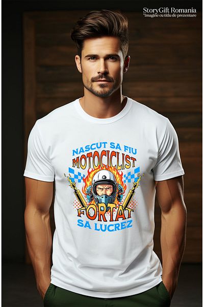 StoryGift Romania Tricou Barbati cu Om Cu Casca Protectie Motor Tobe Esapament Flacari pasiune cu ,White_XL