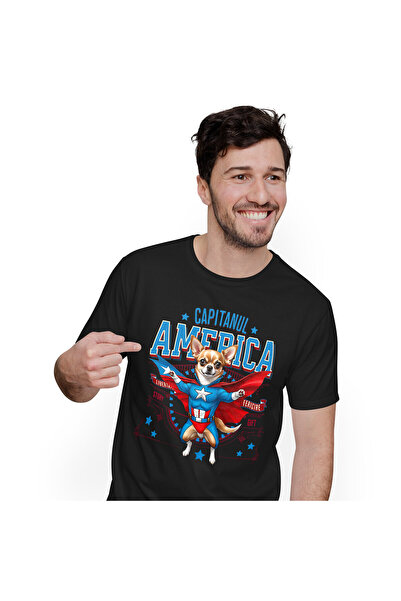 StoryGift Romania Men's T-Shirt with Chihuahua Dog in Captain America Costume with Cape, Hero, Black_S