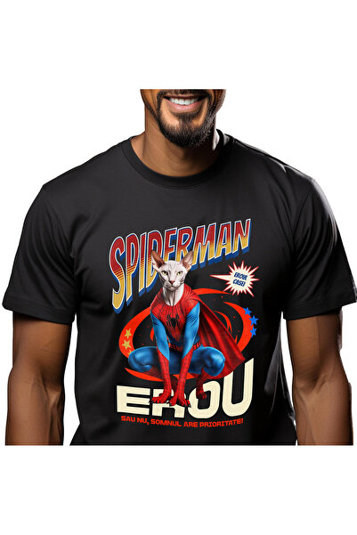 StoryGift Romania Tricou Barbati cu Sphynx Pisica In Costum de SpiderMan cu P...