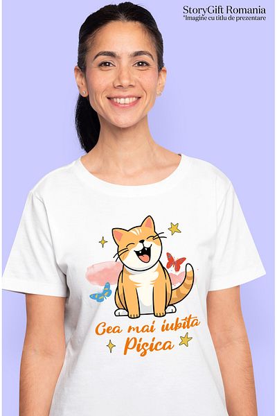 StoryGift Romania Women's T-Shirt with Cheerful Orange Cat with Furry Animal Smile, Lovers of M,White_M