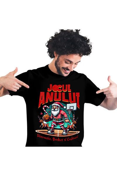 StoryGift Romania Tricou Barbati cu Mos Craciun Pe Terenul De baschet Cu reni,Cadouri, Familie, Ha,Black_XS
