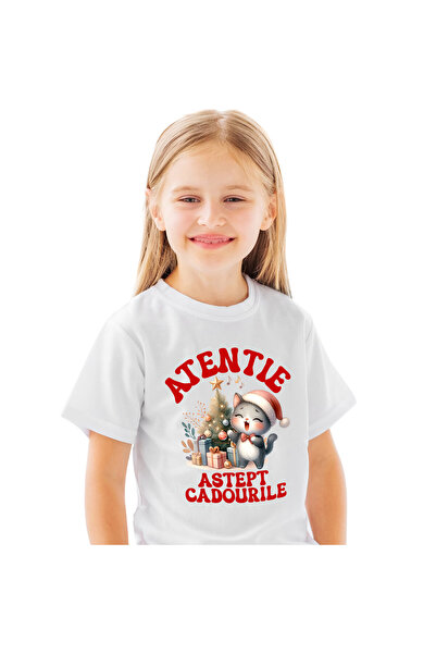 StoryGift Romania Tricou Copii cu Pisica Cu Caciula de Mos Cantand Langa Brad...