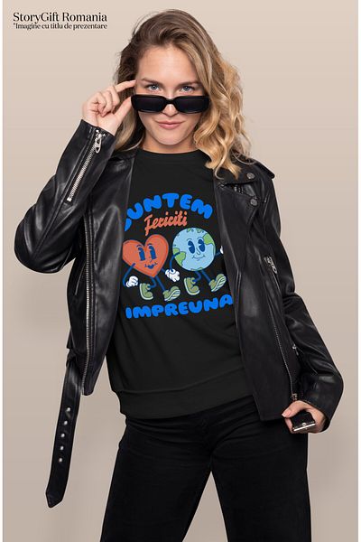 StoryGift Romania Tricou Femei cu Inima Si Planeta Pamant Cuplu Prietenie Dragoste Cuplu cu imprim,Black_XL