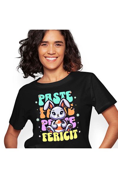 StoryGift Romania Tricou Femei cu Iepure De Paste Mov Vesel Cu Ou Colorat In Brate, sarbatori cu i,Black_L