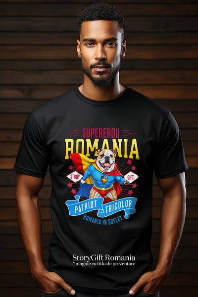 StoryGift Romania Men's T-Shirt with Bulldog Dog in Captain Romania Costume with Cape, Hero N,Black_M