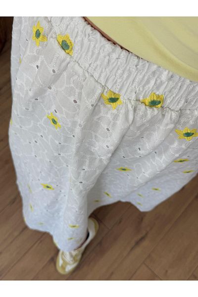 X-Young Floral Embroidered Lined Scallop Skirt Ecru