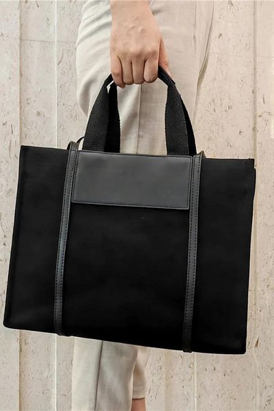 Madamra Black Women's Leather Detailed Canvas Tote Bag