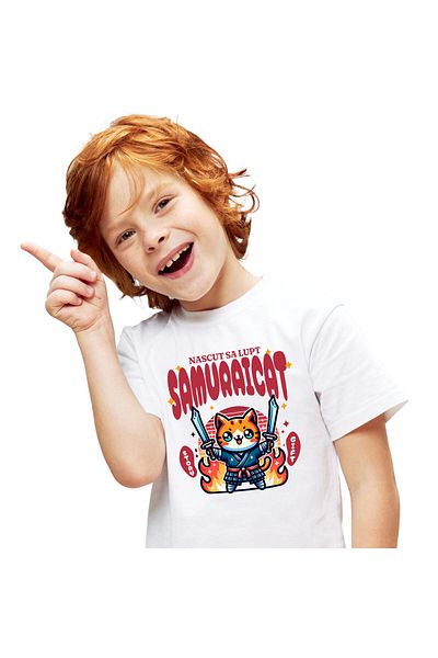 StoryGift Romania Kids T-Shirt with Orange Cat with Samurai Costume Ninja Swords, Cartoons,,White_12 YEARS